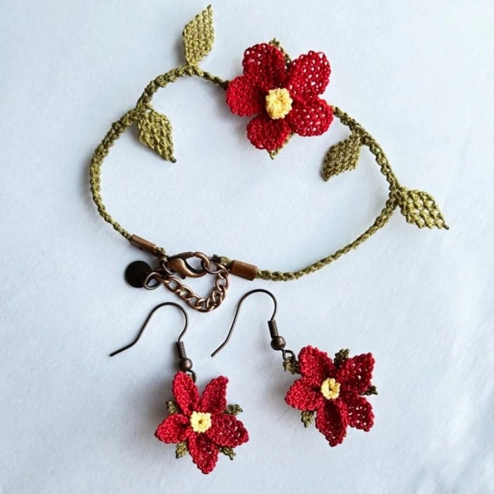 Handmade Silk Thread Needle Lace Bracelet and Earrings Set Handmade Silk Thread Needle Lace Bracelet and Earrings Set