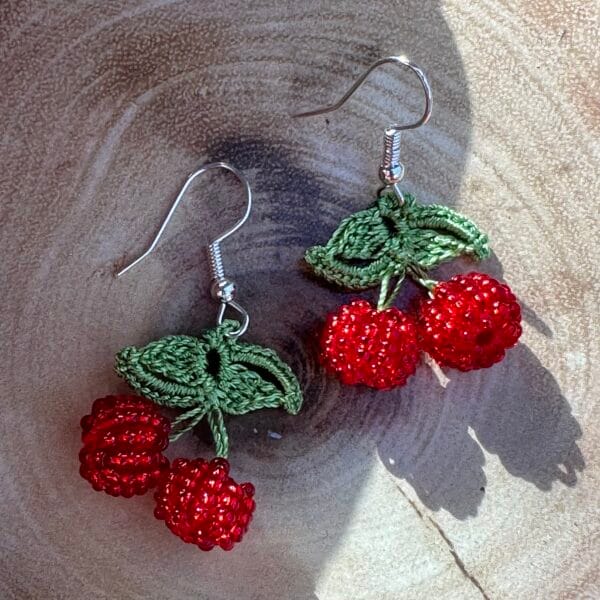 Beaded Micro Crochet Cherry Earrings