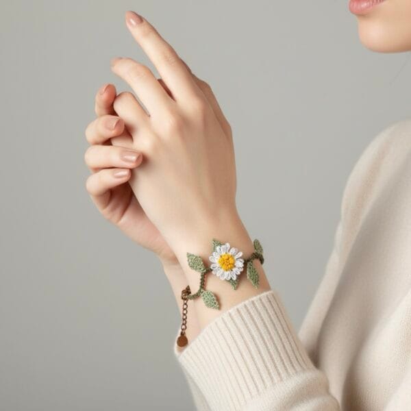 Handmade Sunflower and Daisy Needle Lace Bracelet, Inspired by Traditional Oya Craft