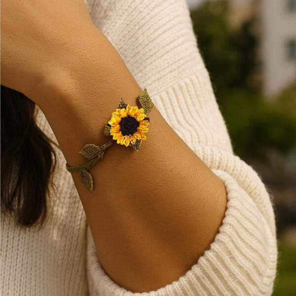 Handmade Sunflower and Daisy Needle Lace Bracelet, Inspired by Traditional Oya Craft