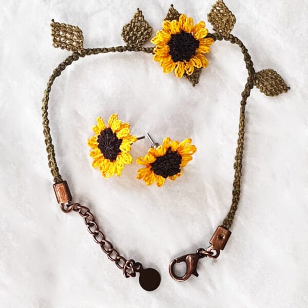 Handmade Sunflower Bracelet Earring Set, Boho Flower Gift for Her/Him