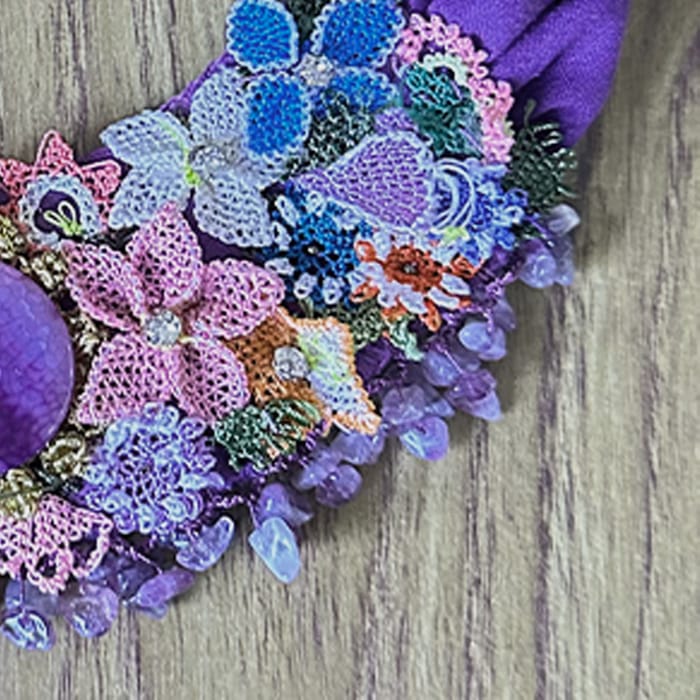 Needle Lace Oya Statement Necklace with Semiprecious Stone Beads & Reusable Flowers Needle Lace Oya Statement Necklace with Semiprecious Stone Beads & Reusable Flowers