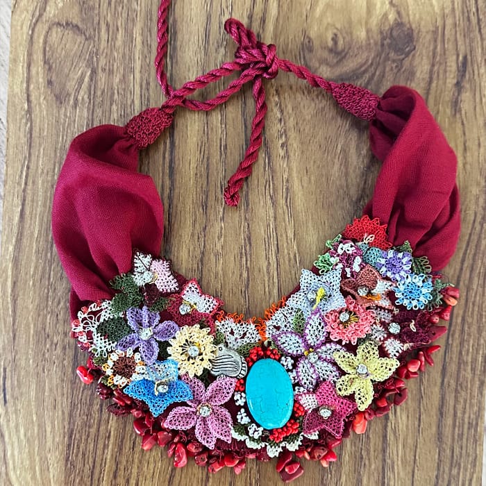 Needle Lace Oya Statement Necklace with Semiprecious Stone Beads & Reusable Flowers Needle Lace Oya Statement Necklace with Semiprecious Stone Beads & Reusable Flowers