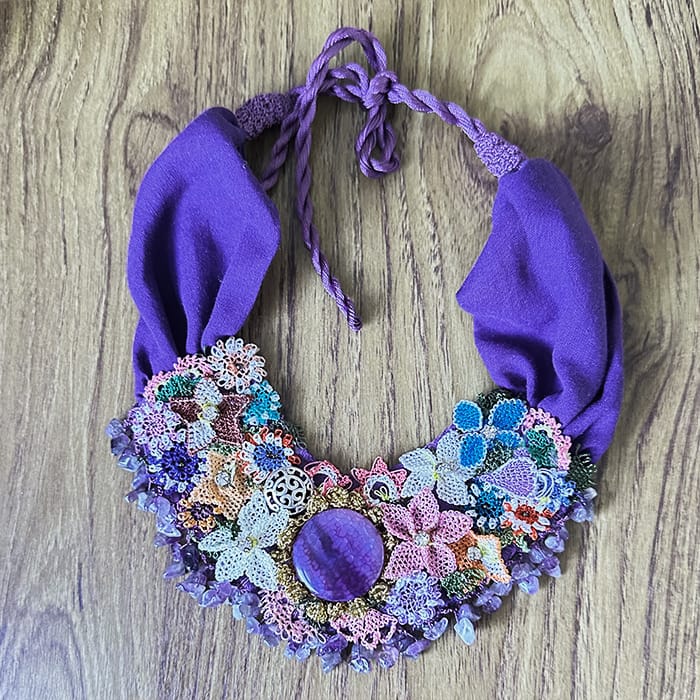 Needle Lace Oya Statement Necklace with Semiprecious Stone Beads & Reusable Flowers Needle Lace Oya Statement Necklace with Semiprecious Stone Beads & Reusable Flowers