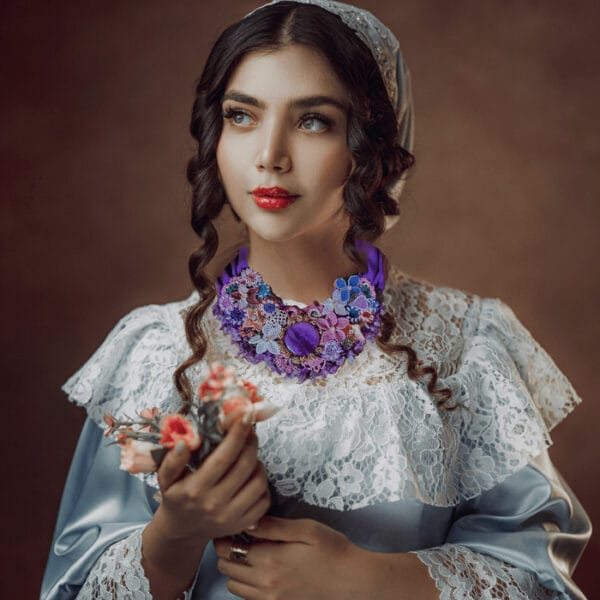 Needle Lace Oya Statement Necklace with Semiprecious Stone Beads & Reusable Flowers