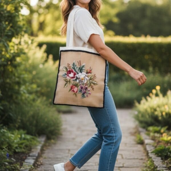 Canvas Tote Bag with Cross Stitch Appliqué Floral Embroidery Design