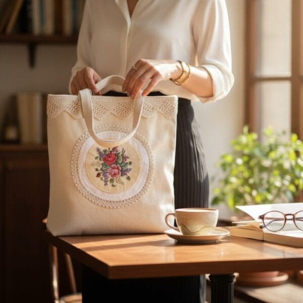 Vintage Lace & Antique Embroidery Canvas Tote Bag – One of a Kind Handmade Elegance