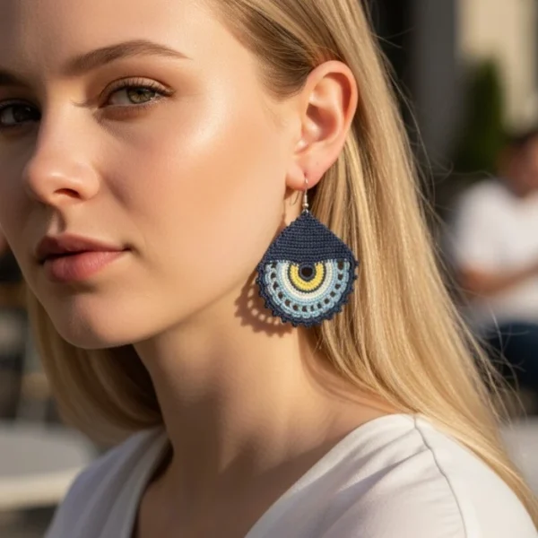 Evil Eye Micro Crochet Earrings – Handmade Oya-inspired Fibre Art Jewellery